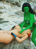 Green monster babe fucks redhead busty slut
