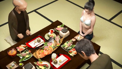 Old 3D pervert eat food with bare body young beauty