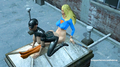 Catwoman in latex costume gets hardcore bangs from sexy Supergirl