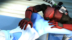 Cartoon Deadpool skillfully licking pussy of sexy blue woman