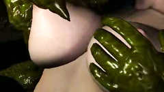 Green creatures of the swamp pushed his dirty fingers into pussy of lonely woman