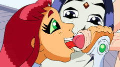 Threesome cartoon with slutty girl fucking with a huge dick - Teen Titans