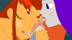 Starfire and Raven are sucking on a dick of kinky Robin from Teen Titans