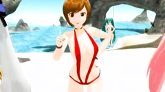 Three incredible anime babes in bikini show their sexy naked bodies on the beach