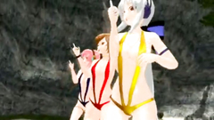 Three incredible anime babes in bikini show their sexy naked bodies on the beach