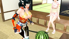 Girl-samurai masturbates her pussy with katana-sword