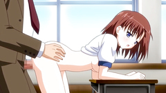 Short-haired schoolgirl with nice tits gets drilled on the desk
