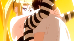 Hot blonde teen in stocking with stripes fucks hard