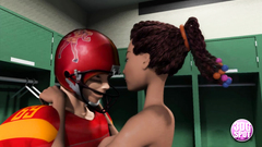 Ebony slutty teen rides sportsman's cock in the locker room