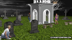 Hardcore threesome 3D fuck on the cemetery