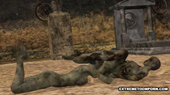 Ugly dead people fuck each other on the cemetery